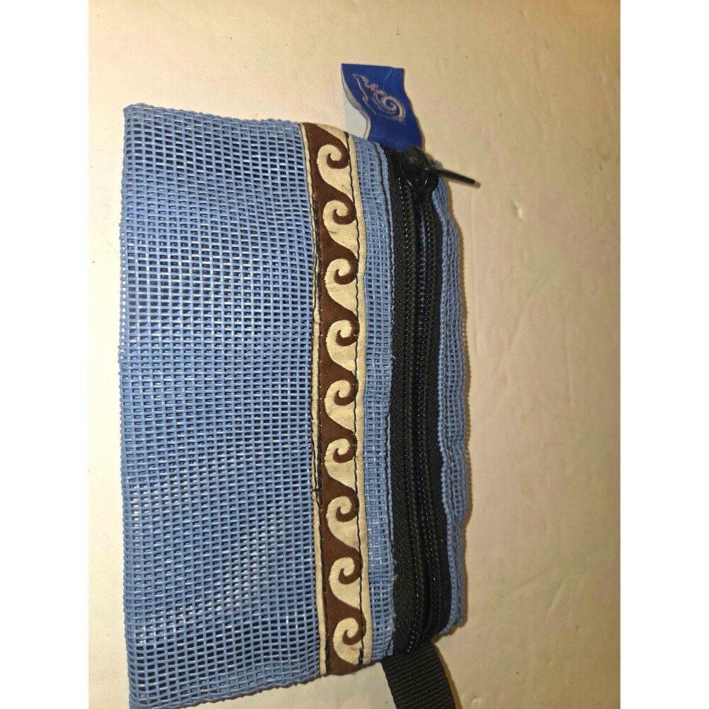 Blue Plastic Mesh River Bag Zipper Pouch with Brown Trim, Black Accents